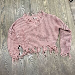 Love Tree Cropped Sweater Knitted Frayed Edge V-Neck Long Sleeves Pink Size S